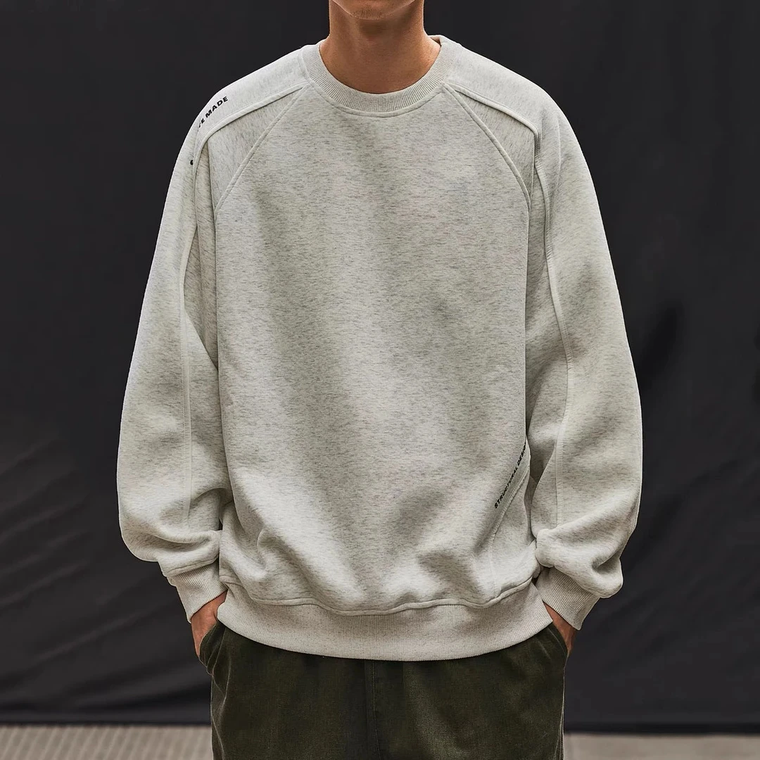 春季美式复古重磅圆领男士拼接卫衣宽松情侣长袖百搭纯色外套潮