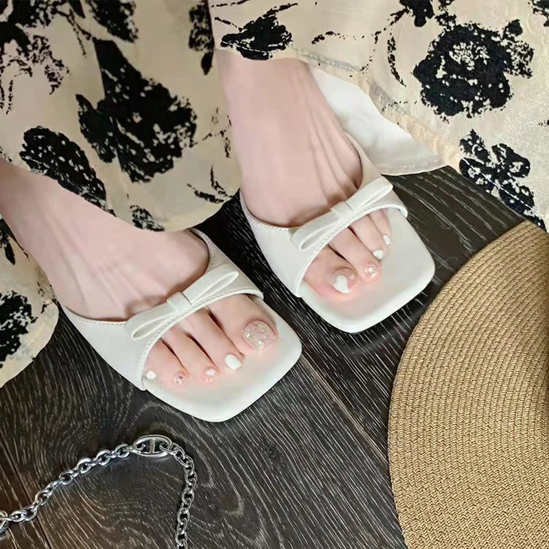 夏季漆面蝴蝶结凉拖仙女舒适甜美风方头软底高跟凉鞋 5厘米