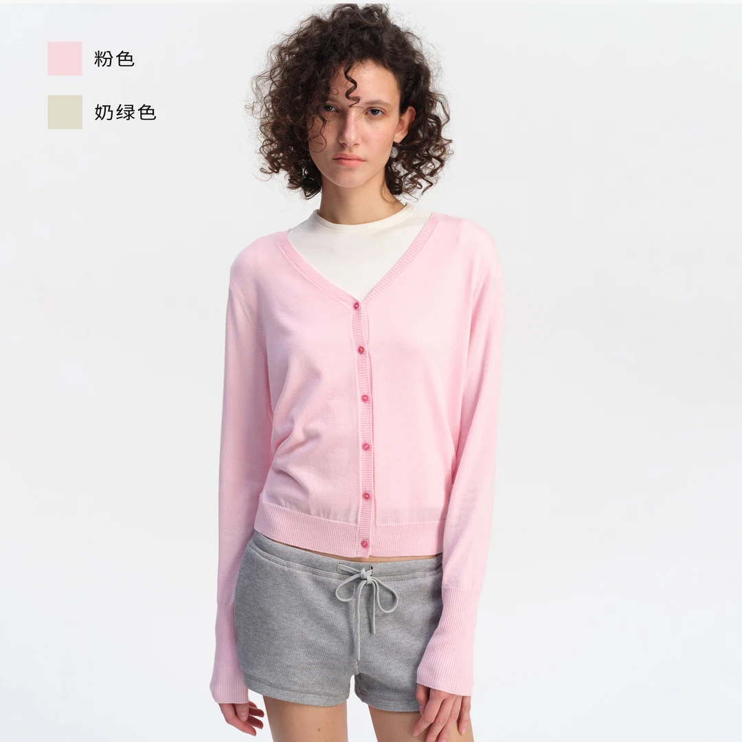 SMIIILE丝光羊毛贝壳扣粉色V领叠穿宽松毛衣针织开衫外套女春秋