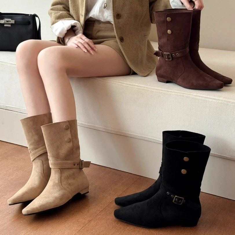 粗跟绒面中筒靴女靴子2025秋冬季复古西部牛仔靴配裙子瘦瘦靴短靴