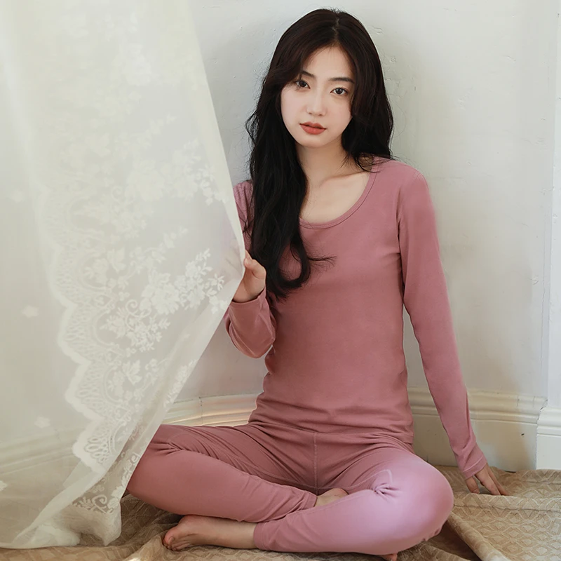 D02 女士打底秋裤保暖莱卡棉内衣秋冬季女套装纯棉线 玫瑰豆沙