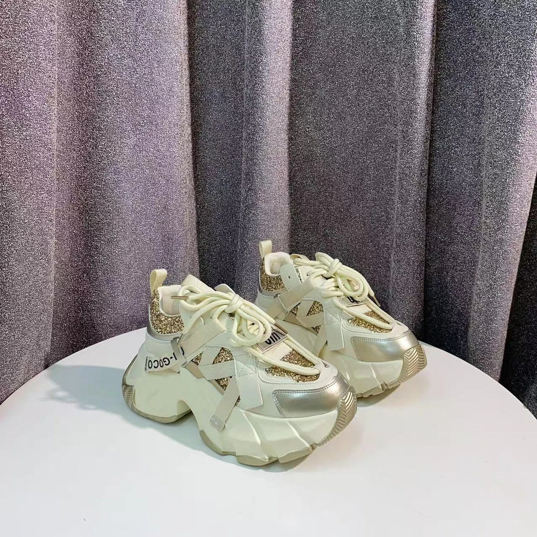 C1695 米金 时尚厚底圆头系带女休闲运动鞋  老爹鞋