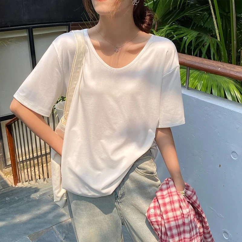 2025夏季新款纯色白色大v领宽松慵懒感弹力短袖t恤女宽松T恤上衣