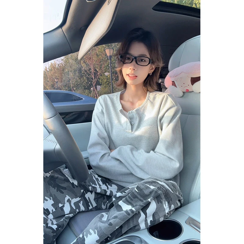 美式复古假两件亨利领长袖t恤男秋季宽松百搭痞帅宽松情侣打底衫