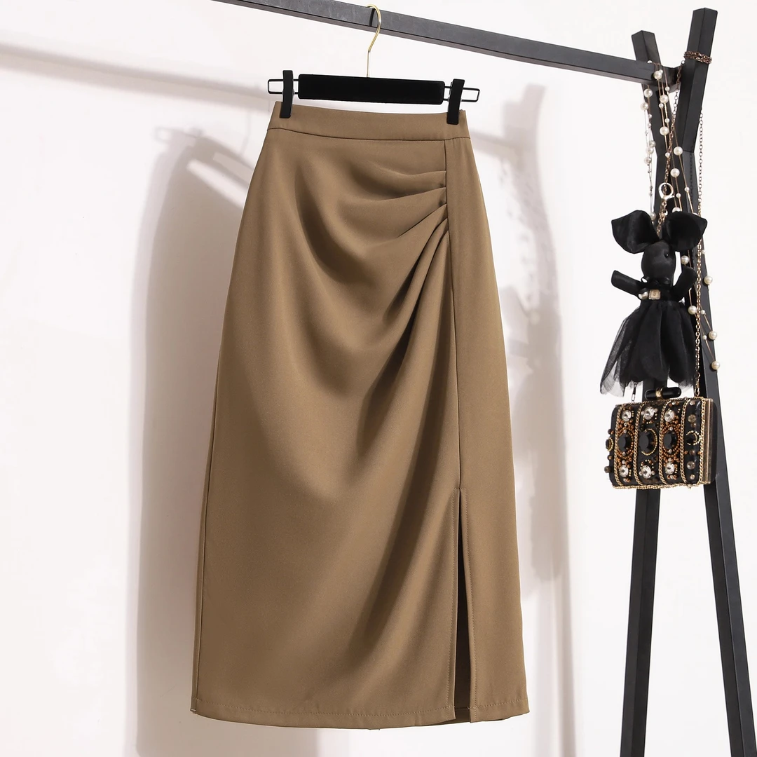 拉夏贝尔高腰咖色半身裙女2025秋季新款显瘦一步裙开叉西装包臀裙