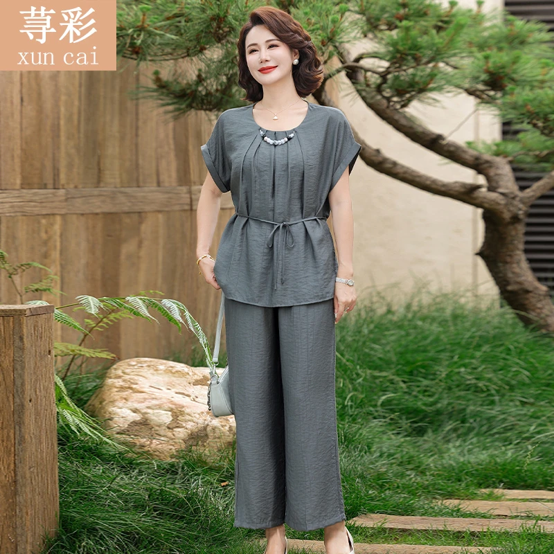 妈妈夏装气质显瘦套装2025新款中老年女夏季短袖上衣时尚两件套