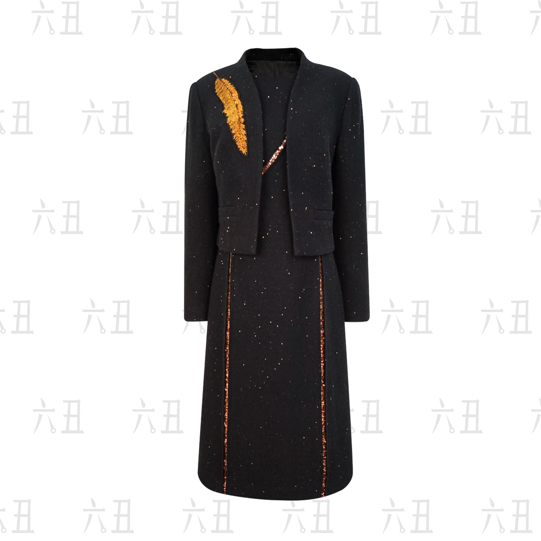 六丑【金色维纳斯】新款气质修身显瘦金色羽毛时尚套装412ATZ0108