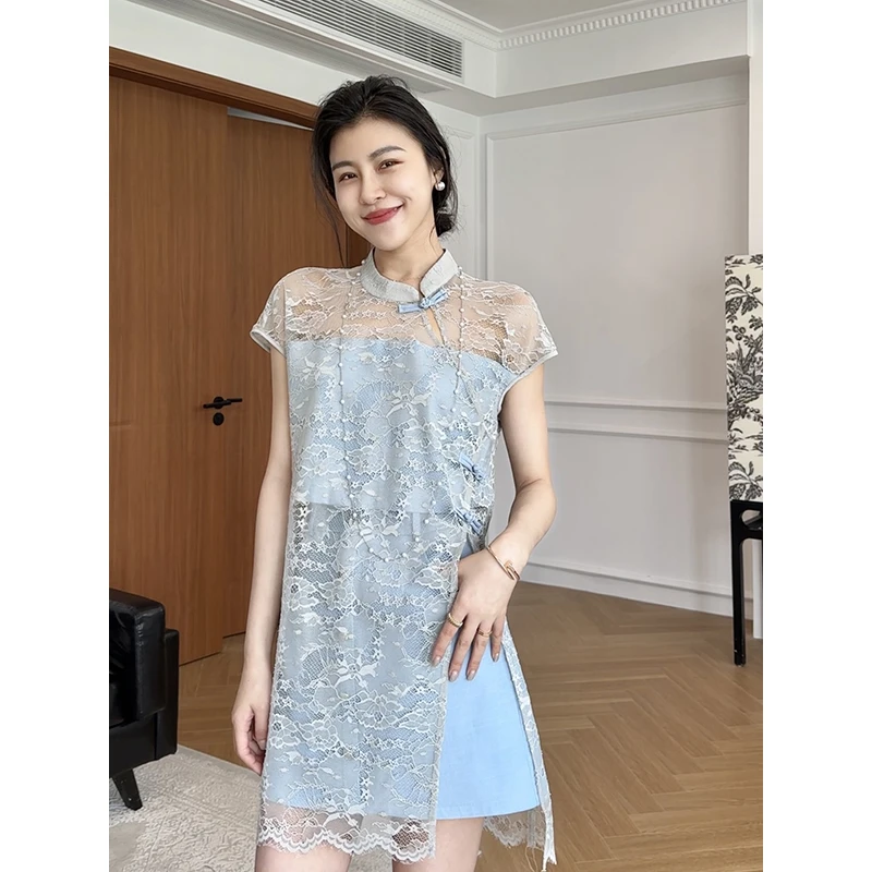 【现货】张阿星温柔茶歇蕾丝拼接网纱设计新中式盘扣上衣+高腰半裙