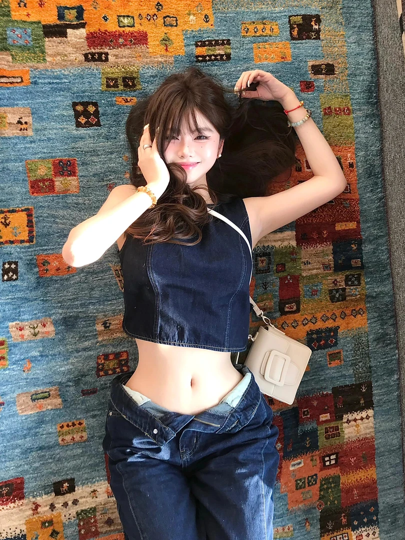 复古辣妹绑带露背吊带背心女夏季牛仔套装休闲阔腿裤设计感两件套