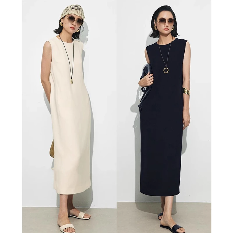 高智静奢ROW风 垂感三醋酸極简藏肉巨显瘦无袖连衣裙2025夏季新款