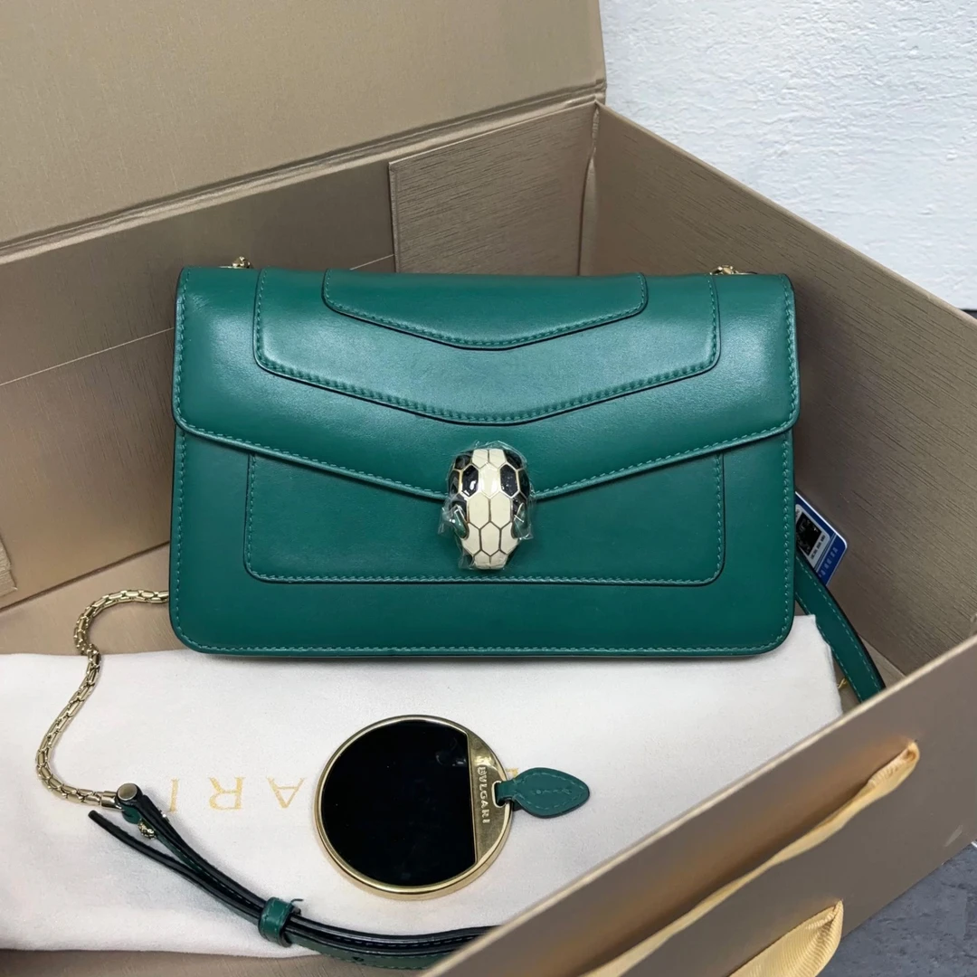 95新 BVLGARI/宝格丽 绿色蛇头单肩包C887468 6841