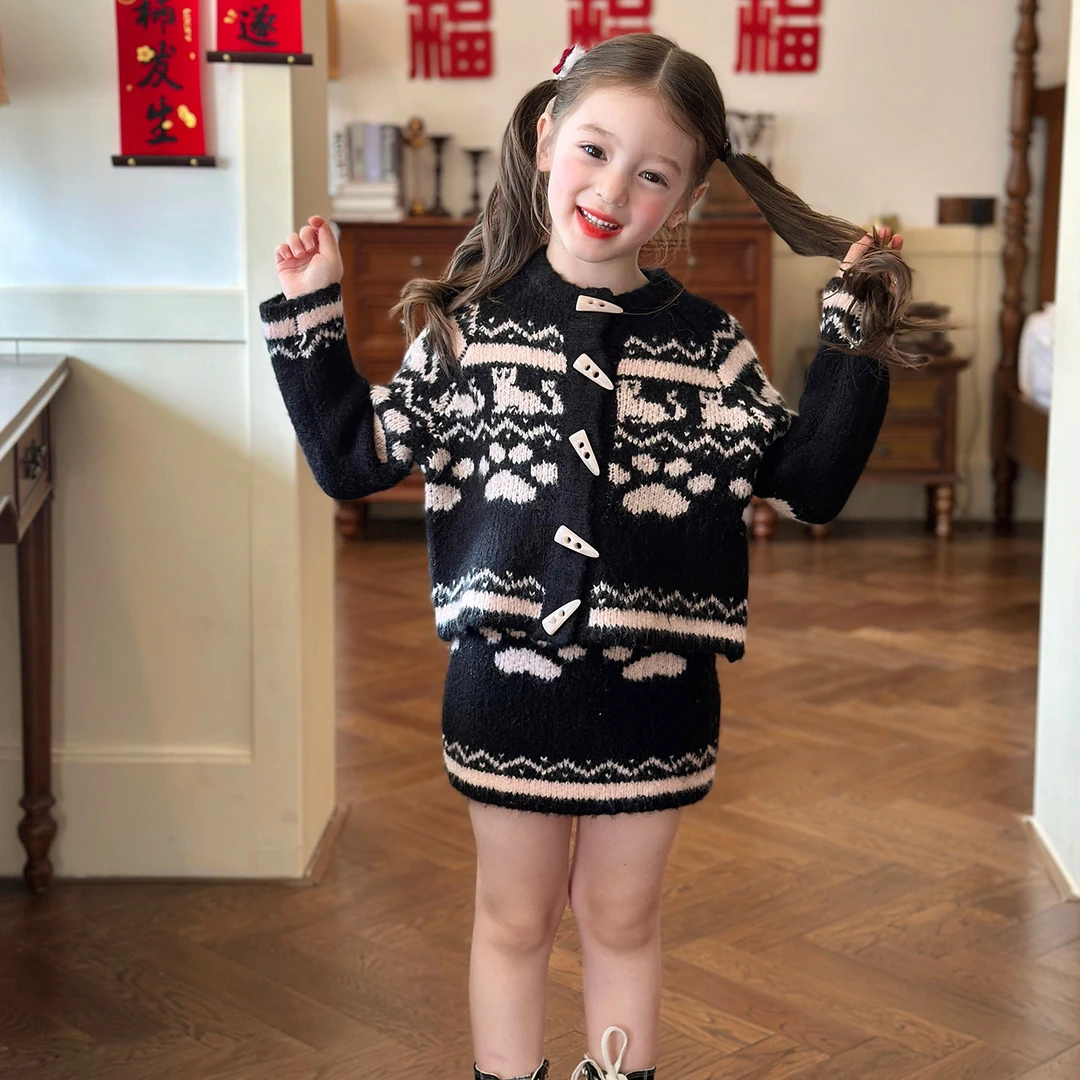 栀了成长记女童装费尔岛气质套装2025冬季儿童韩版针织时髦两件套