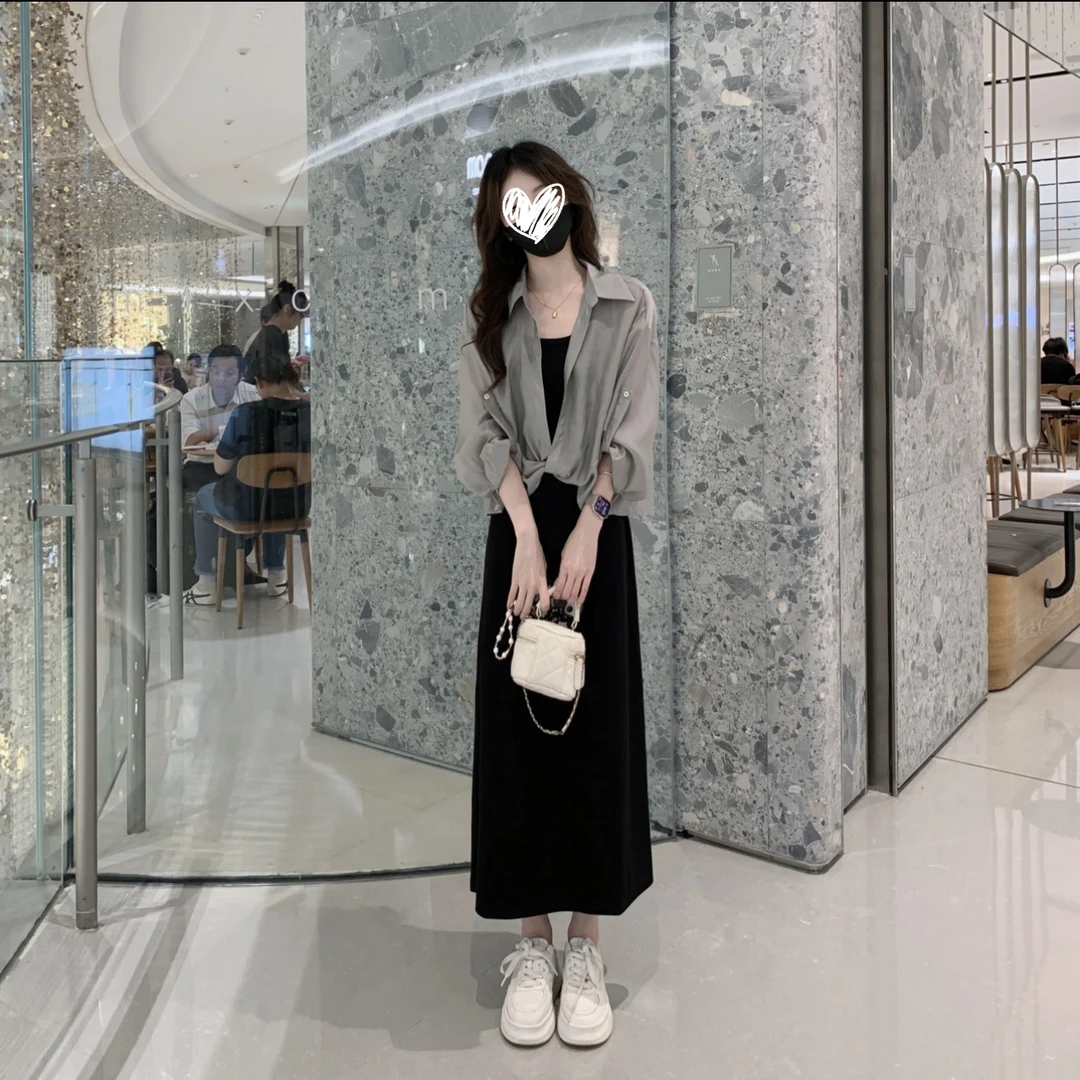 黑色吊带连衣裙子女夏季2025新款法式气质海边度假高级感长裙套装