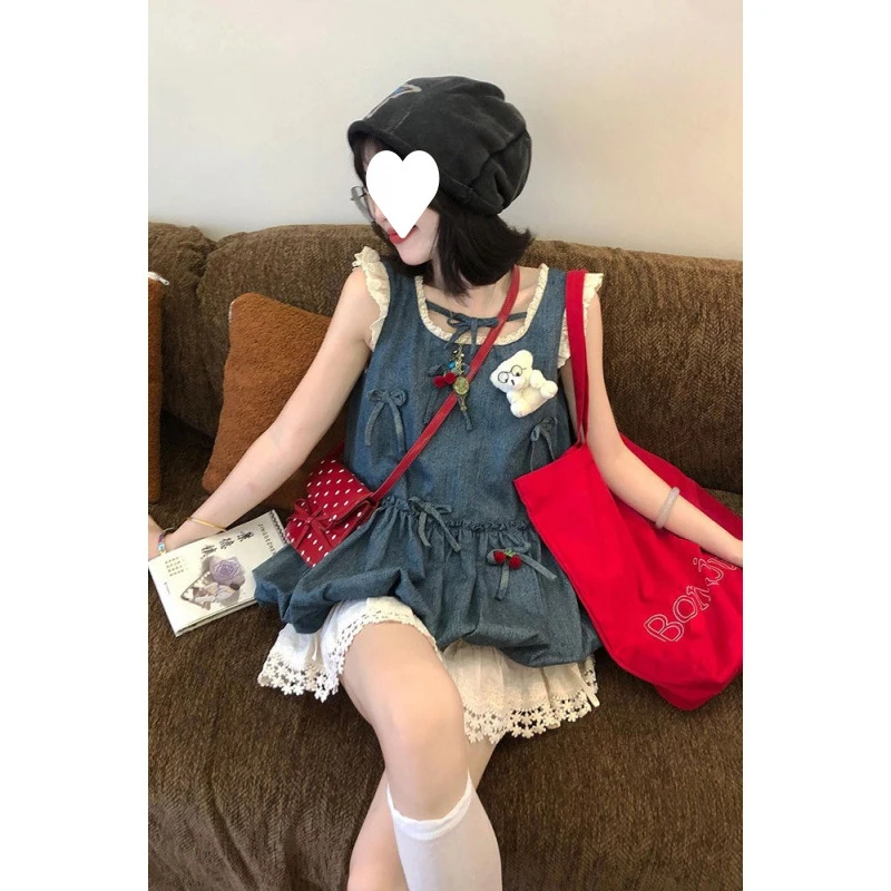 【现货现发+运费补贴】扮乖选手”樱桃蝴蝶结牛仔蓬蓬裙套装」