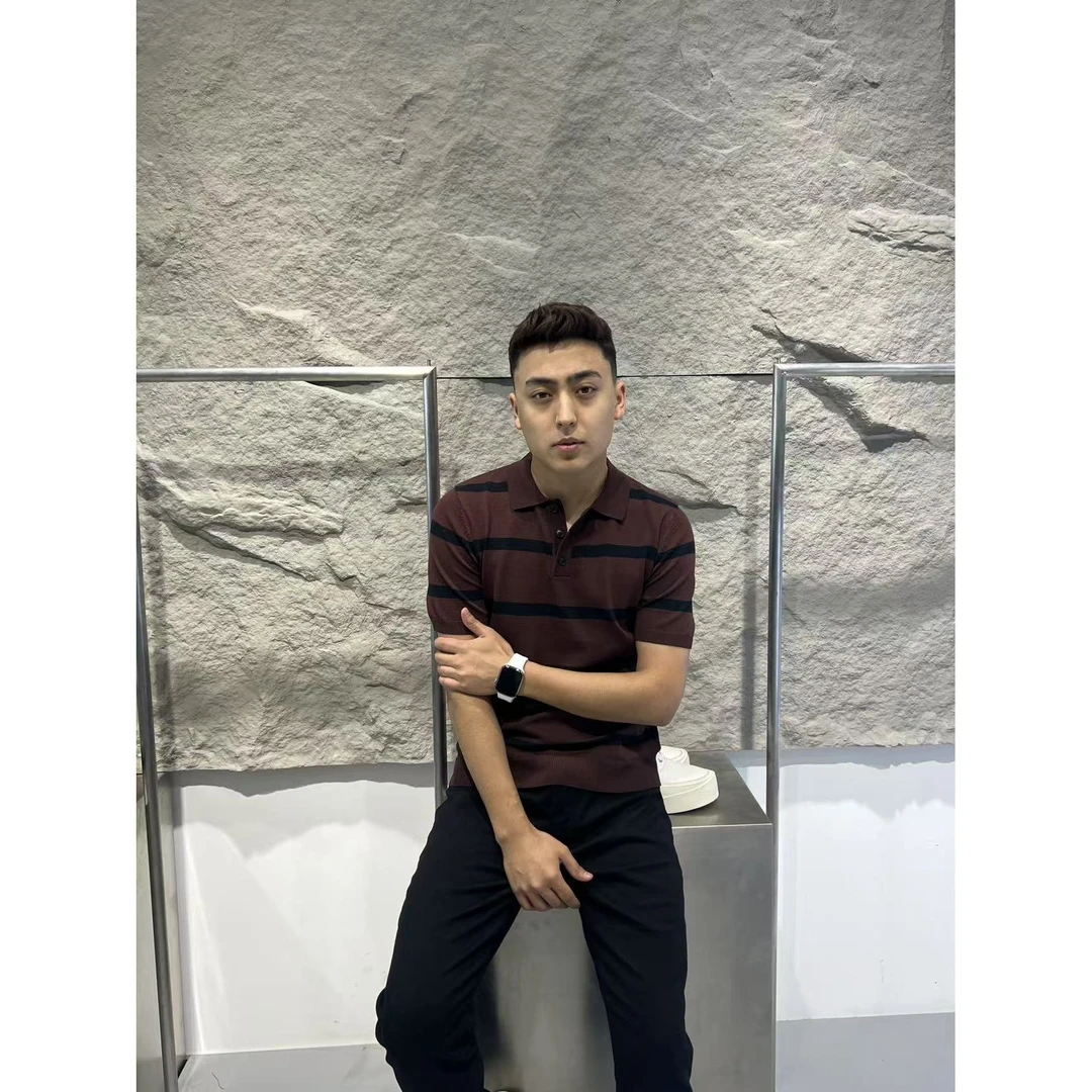 春夏新款修身简约时尚潮流上衣条纹翻领百搭舒适亲肤日系打底8505