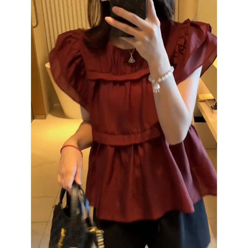 夏季小众法式上衣女港风chic复古减龄小飞袖娃娃衫荷叶边圆领衬衫