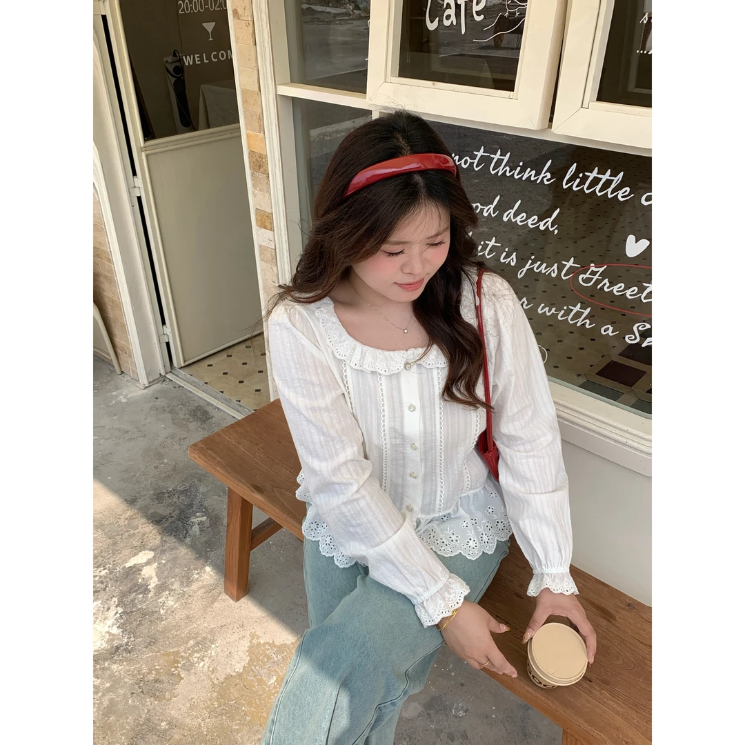 【荔枝肉】大头婷微胖定制春季温柔绣花边领长袖衬衫上衣