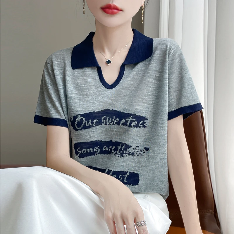 剪刀领拼色！竹节麻针织短袖t恤女2025夏季新款薄款宽松休闲上衣