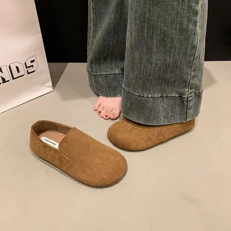 新款复古彩色软皮磨砂皮平底柔软圆头套脚一脚蹬单鞋瓢鞋女豆豆鞋