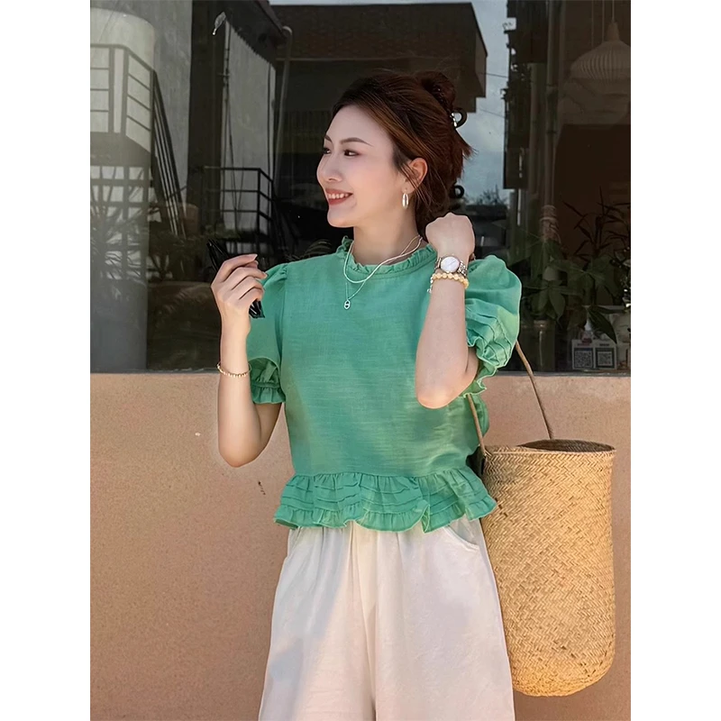 法式气质绿色木耳边衬衫女2025夏季新款设计感别致漂亮泡泡袖上衣