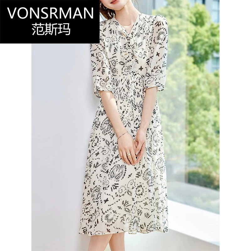 VONSRMAN2025夏季新款超好看蝴蝶结雪纺印花薄纱连衣裙收腰气质中