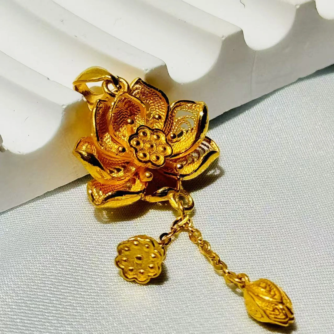 黄金足金999古法新款莲花两世欢流苏吊坠