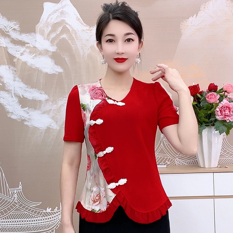 25016款夏季时尚显瘦短袖中式修身复古T恤气质短款洋气小衫妈妈装