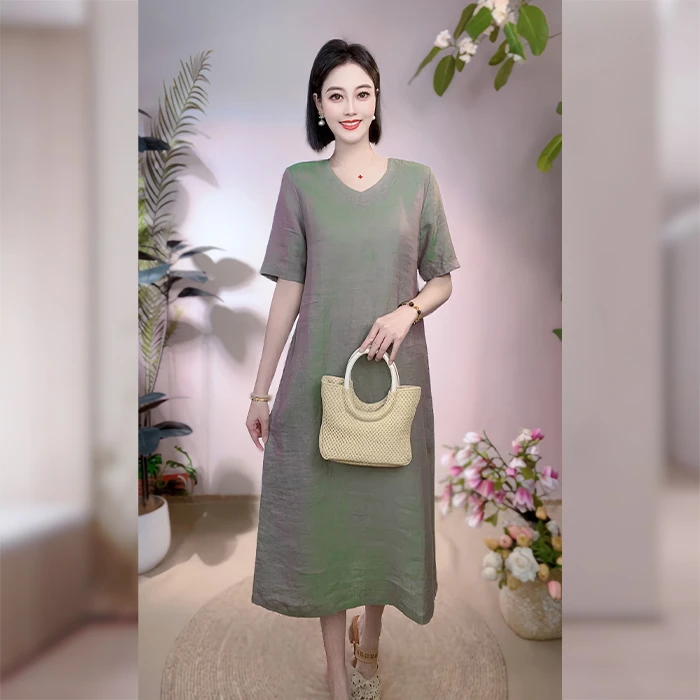 100%进口雨露亚麻三色织五彩斑斓色织亚麻连衣裙宽松显瘦松弛感