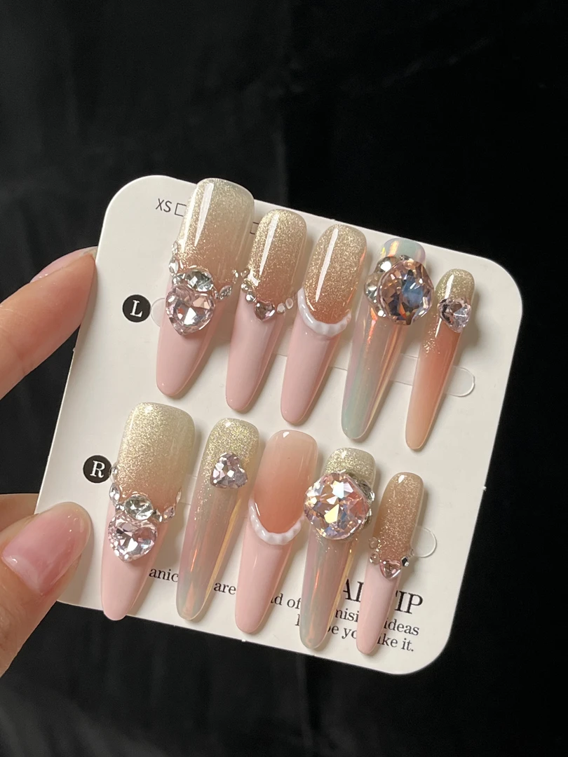 初代甜妹高品质手工初恋感冰透爆闪法式珍珠碎钻穿戴甲