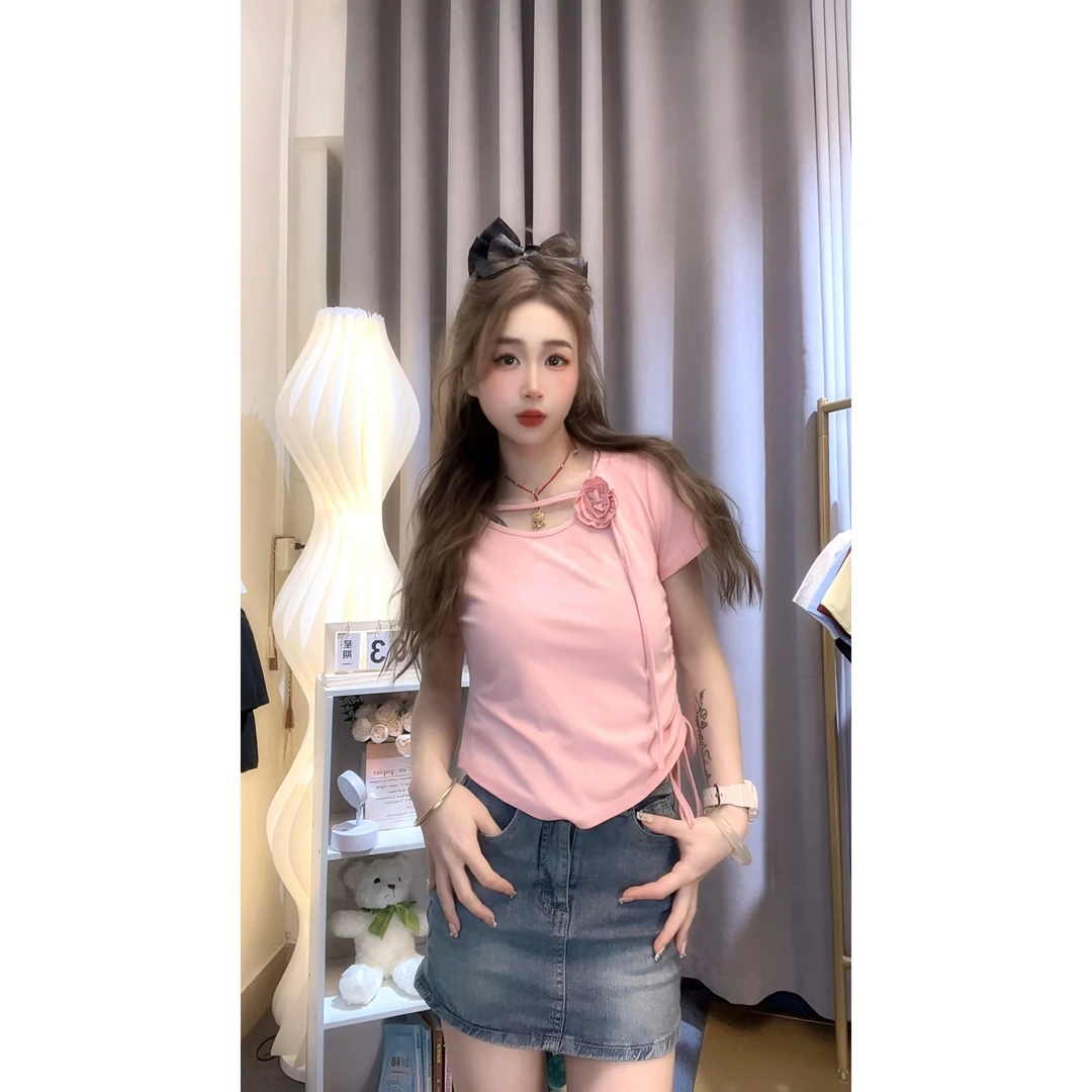 「纯欲风一枝花抽绳」春游出行修身显瘦显高百搭上衣不规则抽绳