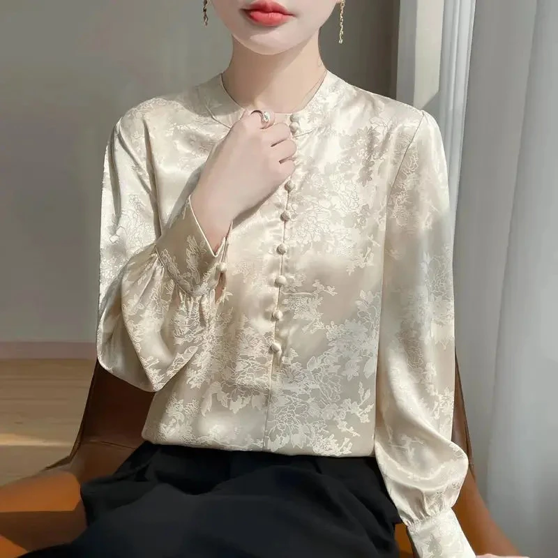 【100%正品撤柜】剪标桑蚕丝长袖奢华缎面秋季新款中式真丝衬衫上衣