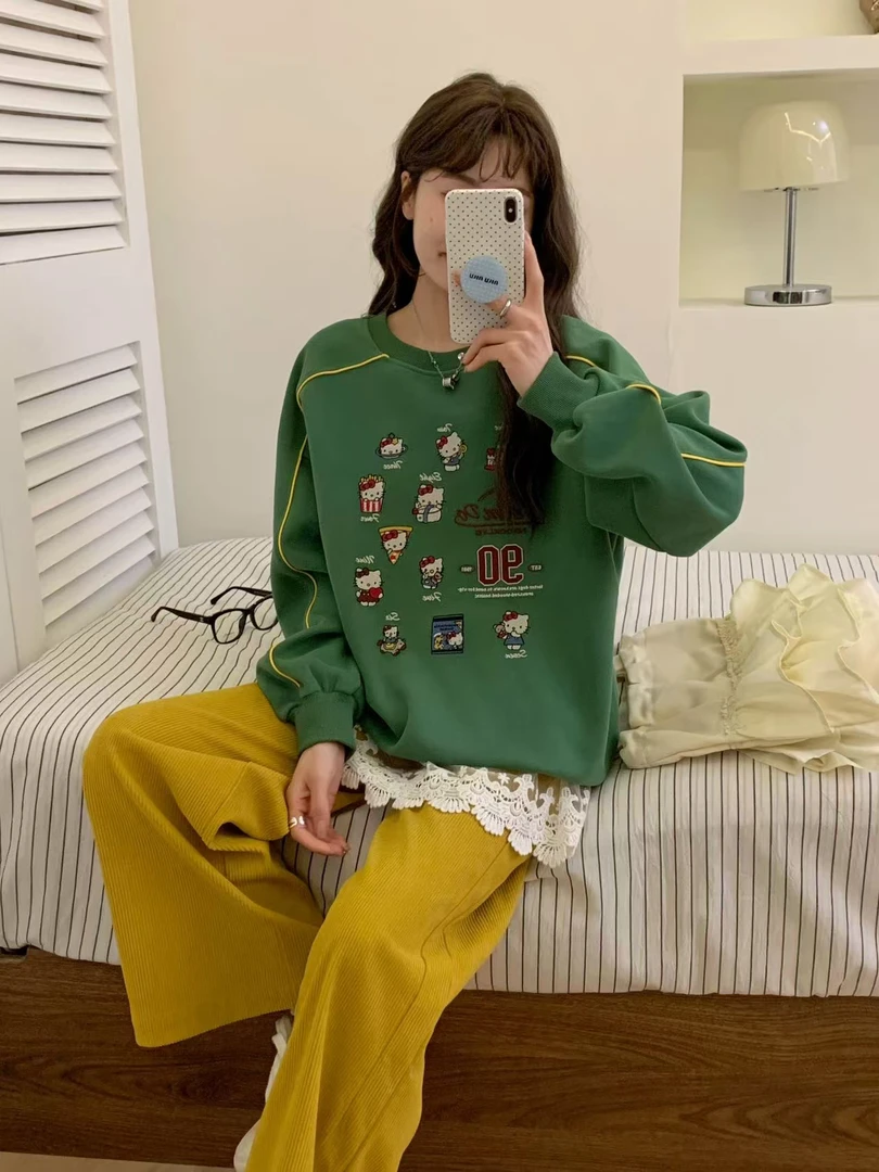 潮牌夹牙90kitty绿色卫衣