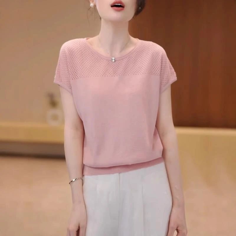 杜拉妮夏季新款镂空针织短袖t恤女冰丝薄款小衫宽松圆领上衣时尚
