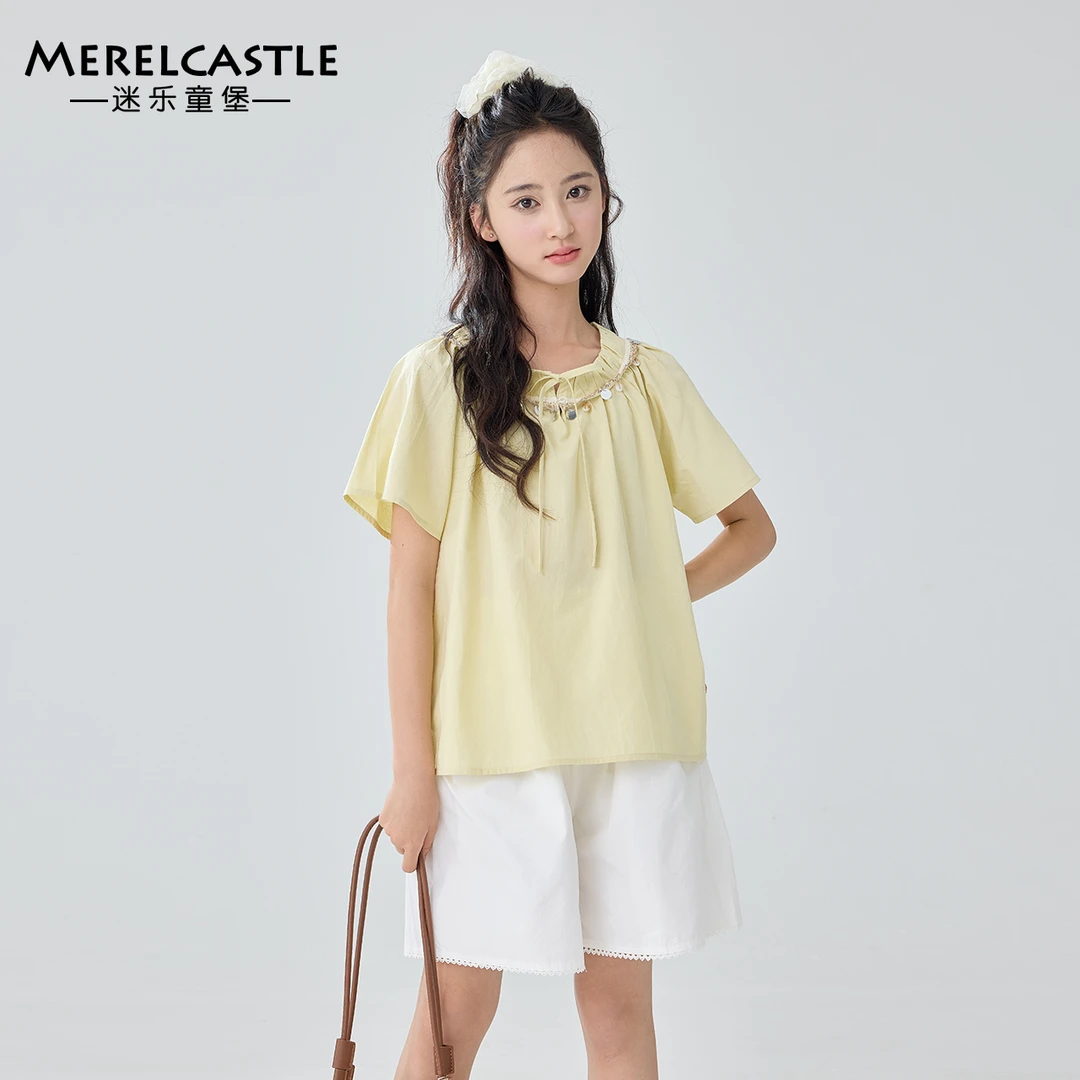 C5181女童夏季短袖衬衫2025新款初中生女孩洋气衣服大童薄款上衣