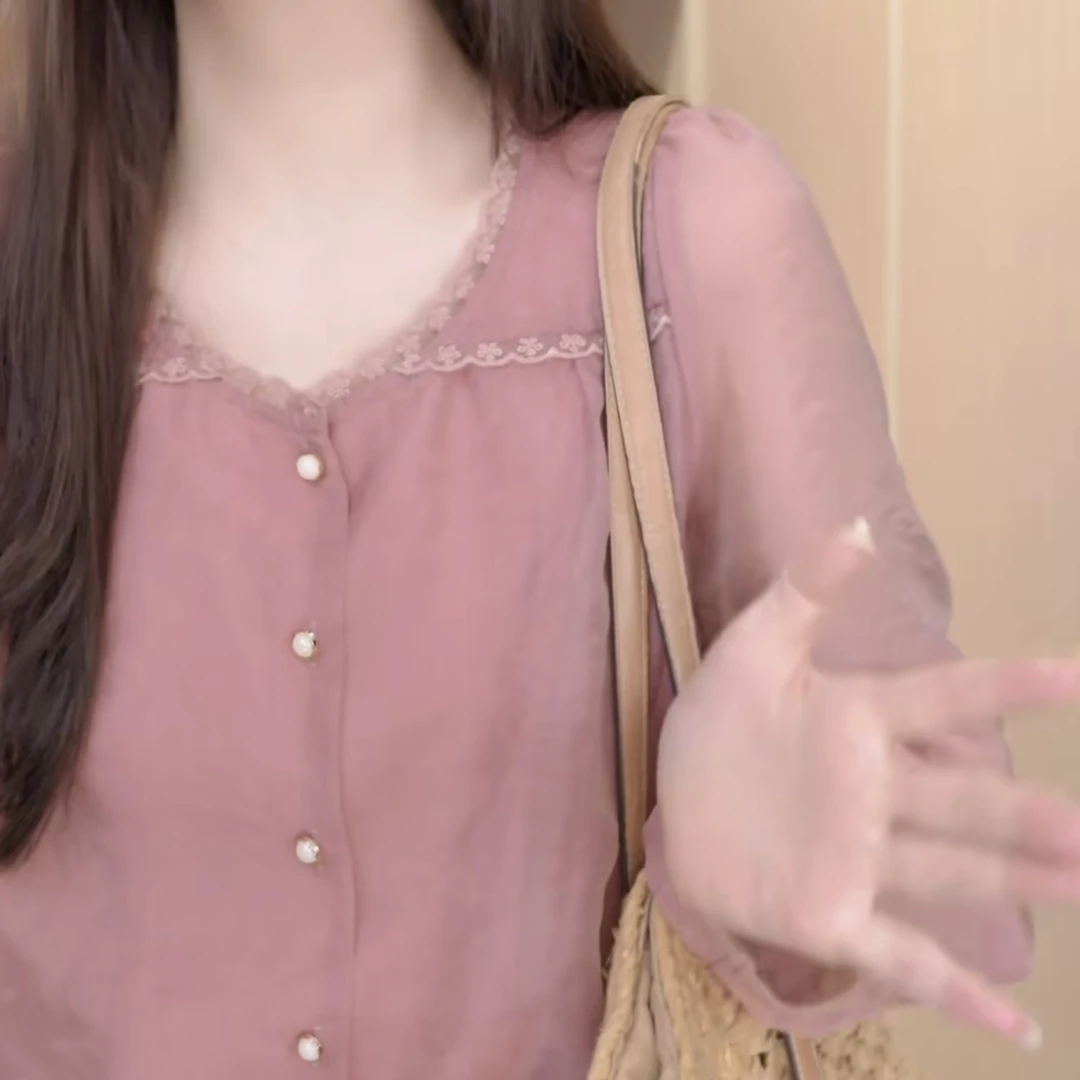 【大脸哈】时尚减龄花边短袖衬衫女2025新款设计感洋气宽松显瘦上衣