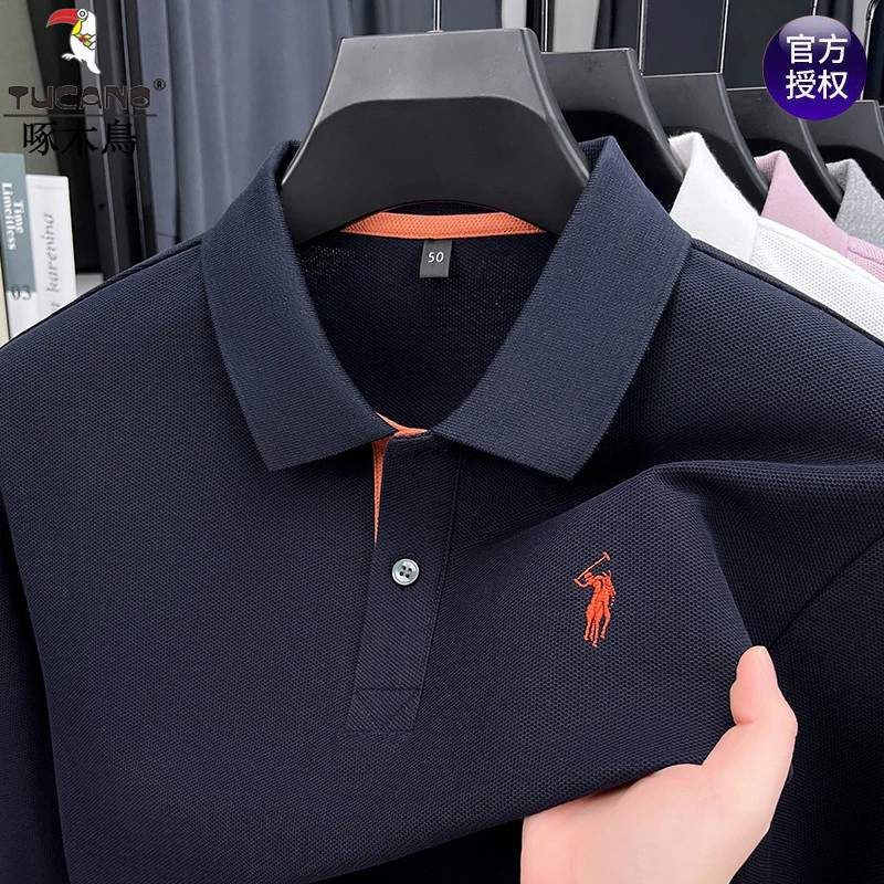 啄木鸟春秋男100%纯棉翻领长袖T恤商务休闲刺绣POLO衫宽松上衣男