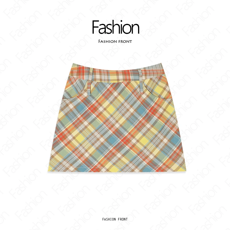 高腰半身裙复古高腰显瘦格子裙短裙春夏夏季百搭复古KI-1422