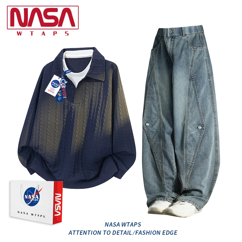 NASA WTAPS美式假两件polo衫卫衣牛仔裤套装男款秋季潮休闲两件套