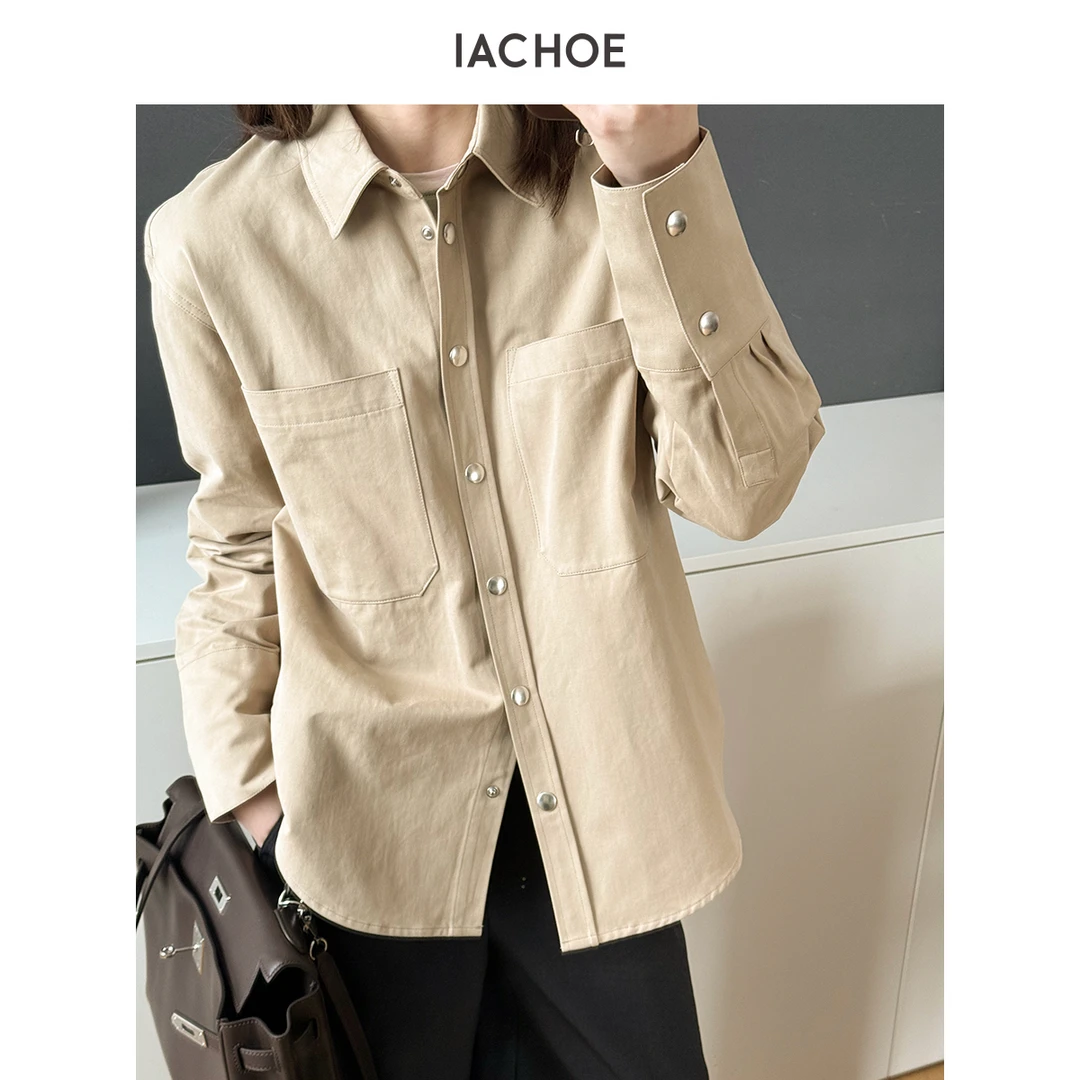 IACHOE工装风卡其色百搭衬衫长袖3621507004复古