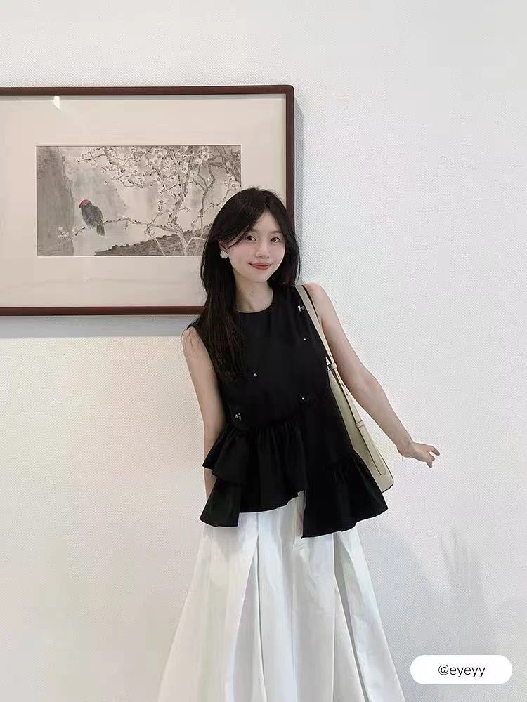 【思雅】472荷叶边无袖小衫