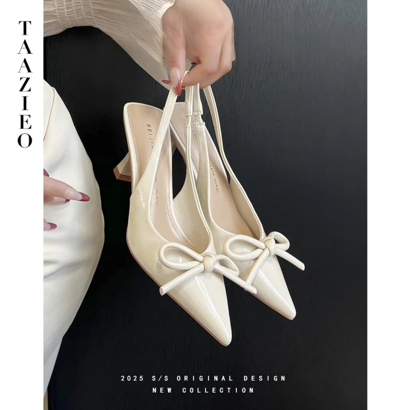 TAAZIEO羊皮版~气质尖头蝴蝶结高跟凉鞋女2025春夏新款细跟包头后