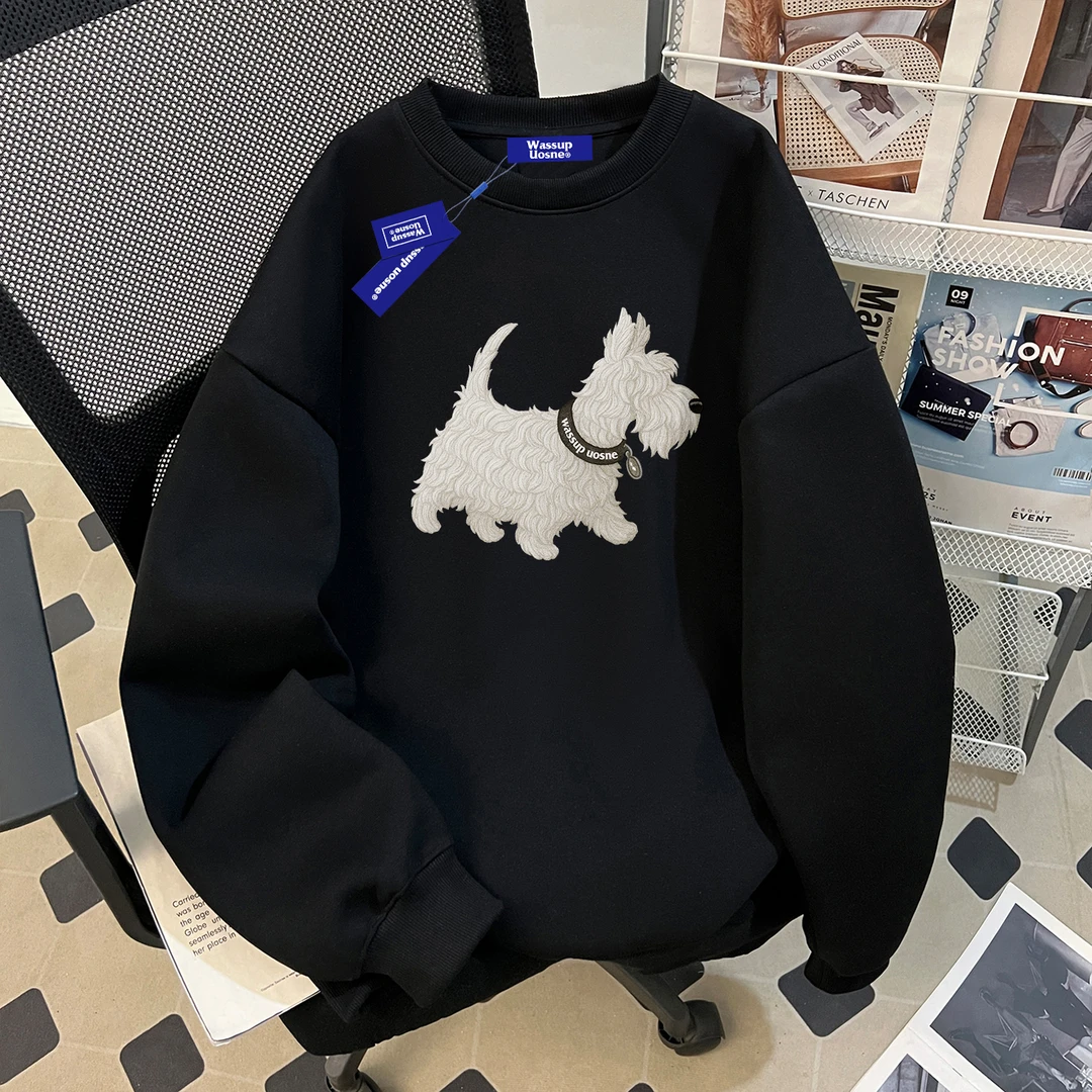 WASSUP UOSNE休闲百搭圆领卫衣男秋冬季加绒加厚硬挺无帽套头上衣