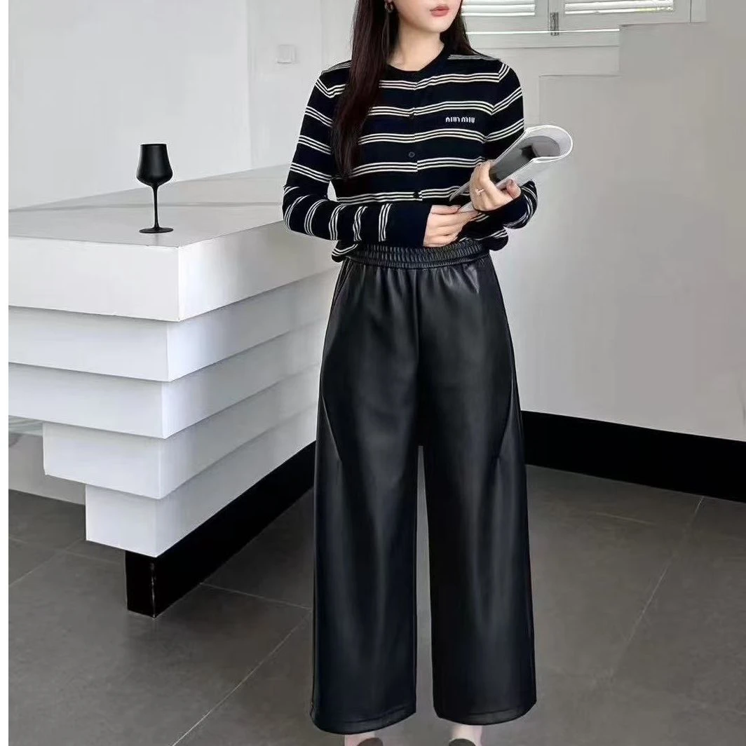 【双双优选】秋冬新款时尚阔腿薄绒直筒皮裤25501-XG