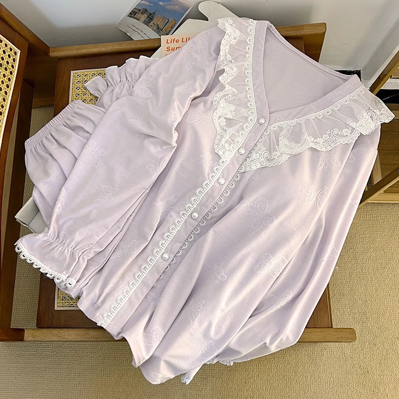 海岛绒·高奢蕾丝温柔香芋紫带胸垫女士春秋季宫廷风睡衣套装2009