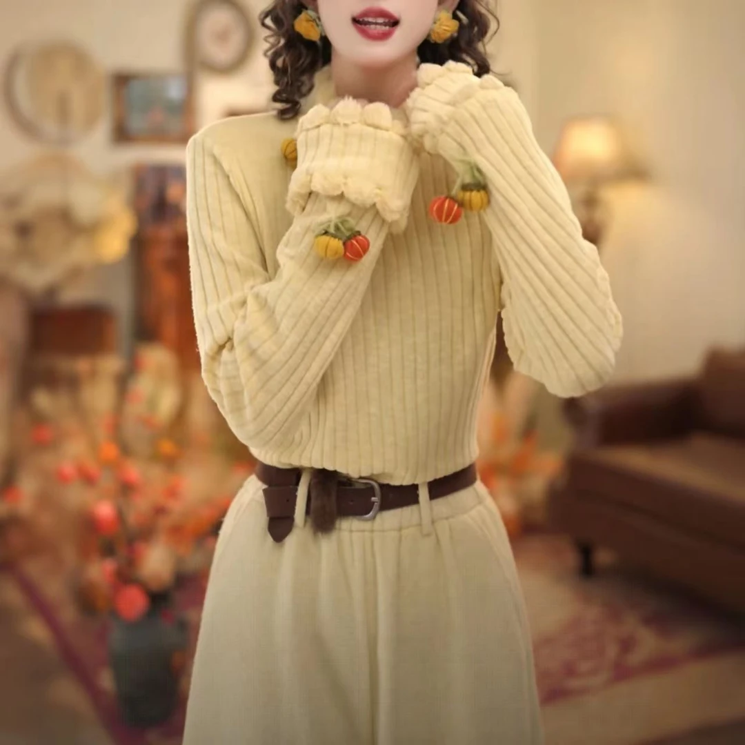 680-1#运补6]立领打底衫内搭复古衬衫港味厚款磨毛拼接百搭女上衣