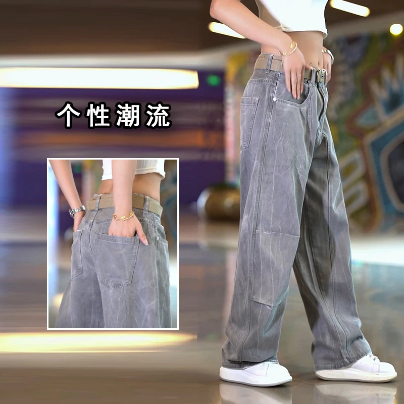 夏季美式牛仔裤男款时尚韩版宽松阔腿长裤高街潮流拼接休闲弯刀裤
