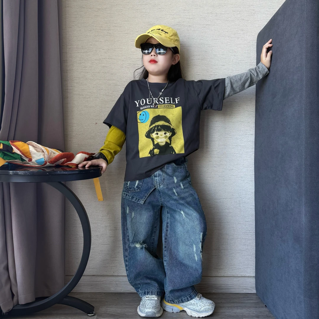 男女童秋季韩版洋气拼接袖假两件卫衣T恤中大童时髦牛仔直筒裤潮