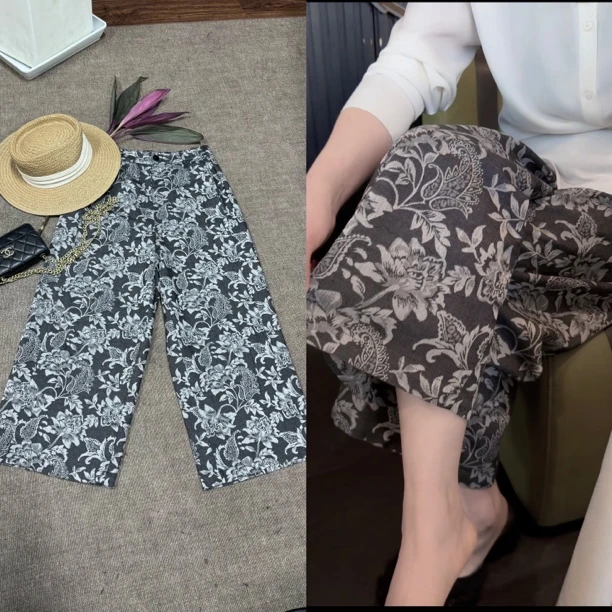 【灰影花韵】春款花版休闲裤裤子薄款宽松9分显瘦阔腿裤