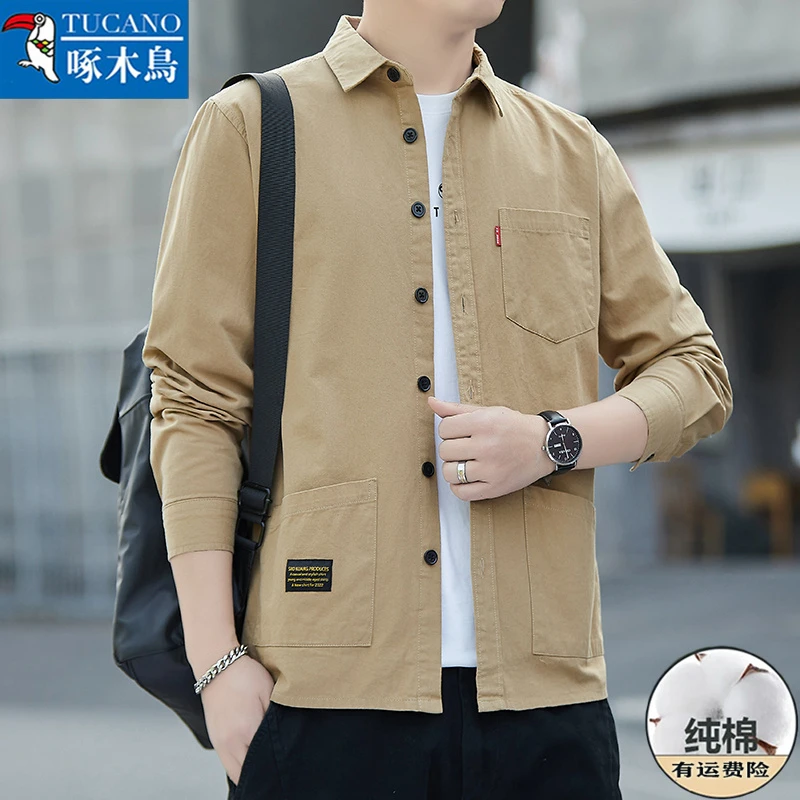 啄木鸟正品【纯棉长袖】男士衬衫春秋季新款简约外穿工装宽松秋季