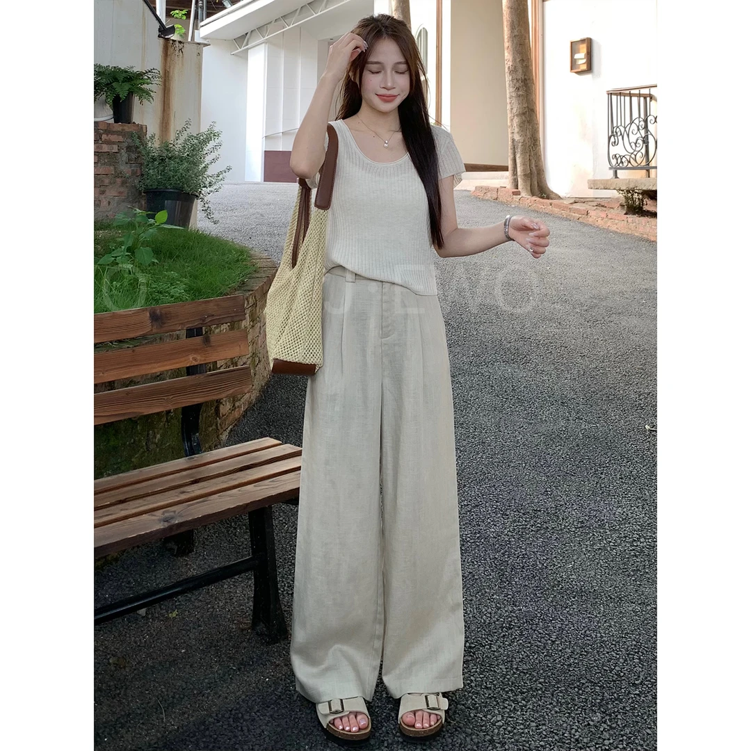 【少量现货】夏季亚麻显瘦高腰后松紧休闲百搭宽松休闲裤-2196